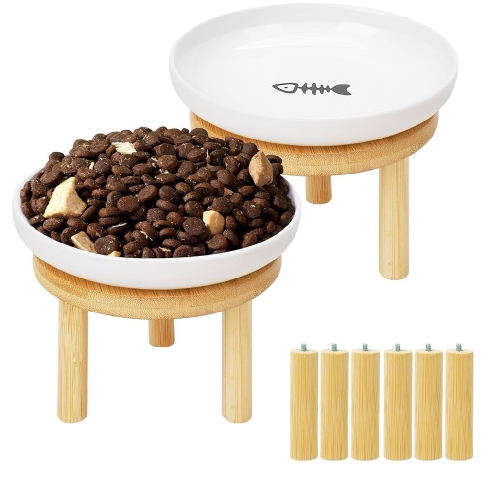 Ceramic Elevated Pet Bowls with Bamboo Stand